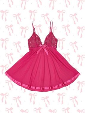 Hot Pink Sheer Mesh Babydoll Lingerie Dress Floral Sequin Lace Bow Size S